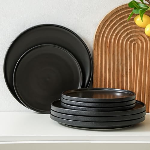 Ceramic Salad & Dessert Plates Set, 8 Inch, Set of 4, Modern Black | Stoneware, Dishwasher & Microwave Safe, Small Dinner Plates, For Cake, Fruits, Waffle, Pasta, Salad - color: Black, size: Salad Plates Set (4PCS)