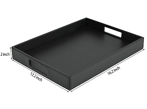 HofferRuffer Rectangle Serving Tray with Hole Handles for Coffee Table, Breakfast, Tea, Food, Butler - Countertop, Kitchen, Vanity Serve Tray, 16.2 x 12.2 x 2 inches, Faux Leather Tray (Black) - color: Black