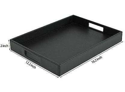HofferRuffer Rectangle Serving Tray with Hole Handles for Coffee Table, Breakfast, Tea, Food, Butler - Countertop, Kitchen, Vanity Serve Tray, 16.2 x 12.2 x 2 inches, Faux Leather Tray (Black) - color: Black