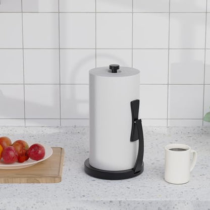 VEHHE Paper Towel Holder Countertop, Black Paper Towel Holder with Spring Activated Arm and Damping Effect, Simply Tear Paper Towel Stand for Bathroom and Kitchen (Black) - color: Black, size: Suction Base