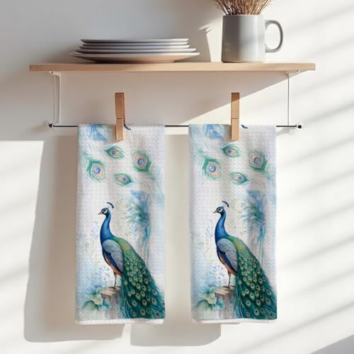 2 Pcs Super Soft Modern Blue Peacock Kitchen Towels, Exotic Animal Farmhouse Beautiful Bird Feather Bath Towels, Gift for Women Friend Coworker Sister Christmas Birthday Housewarming Gifts - color: Multicolor 360