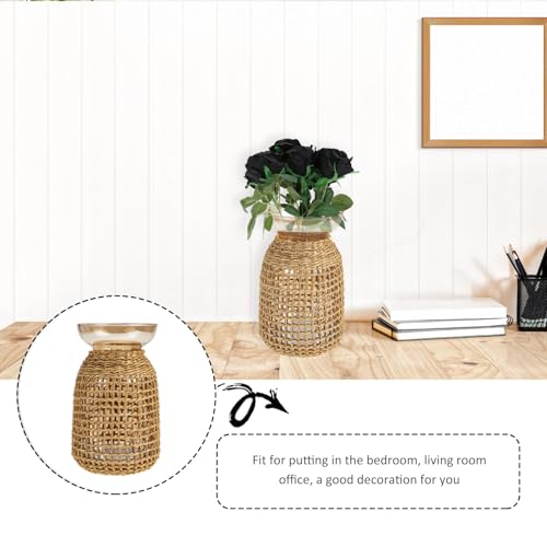 Ipetboom Rattan Cover Small Glass Flower Vase Amber Inner Bottle Decorative Straw Holder for Desktop Flower Arrangement Home Living Room Décor