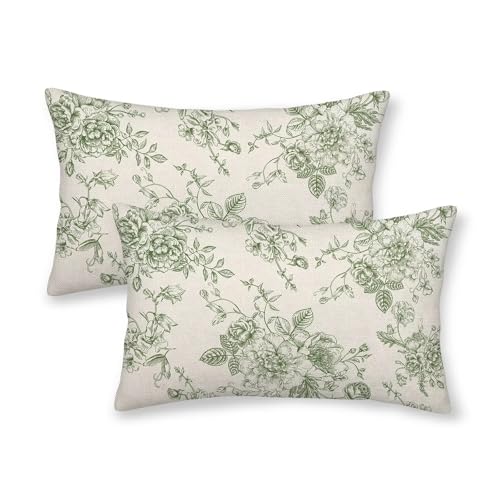 AEIOAE Chinoiserie Floral Pillow Covers 12 x 20 Inch Set of 2, Vintage Sage Green Flower Decorative Throw Pillow Covers Outdoor Linen Farmhouse Decor Pillowcase for Home Sofa - color: Sage Green Chinoiserie, size: 20" x 12" (Pack of 1)