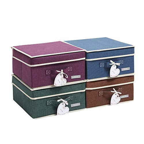 YueYue Foldable Fabric Closet Organizer Bins Box Storage - 4 Pack 12.4 X 12 X 6.7 Inch Storage Bins With Lids 4 Dark Color Boxes - Bins Storage Box Cloth Basket Pack Lid - color: Dark Purple/Dark Green/Dark Brown/Navy Blue, size: 12.4in/12in/6.7in