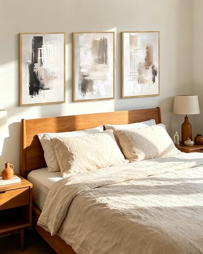 PHOPAGO Modern Abstract Framed Wall Art Large 16x24in Mid Century Minimalist Beige Pastel Neutral Wall Decor for Living Room Hallway - Natural Framed - color: White Abstract, size: 24L" x 16W" x 3 Pcs Natural
