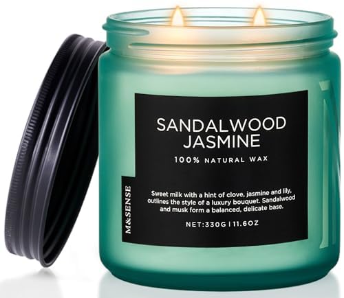 M&SENSE Sandalwood Jasmine Home Scented Candles, 11.6oz Natural Soy Wax | 70 Hours Long Lasting, Slow Burn, Non Toxic Jar Candle, Aromatherapy, Fresh Smelling for Meditation Relaxation Stress Relief - color: Sandalwood Jasmine Serene, size: Medium Jar