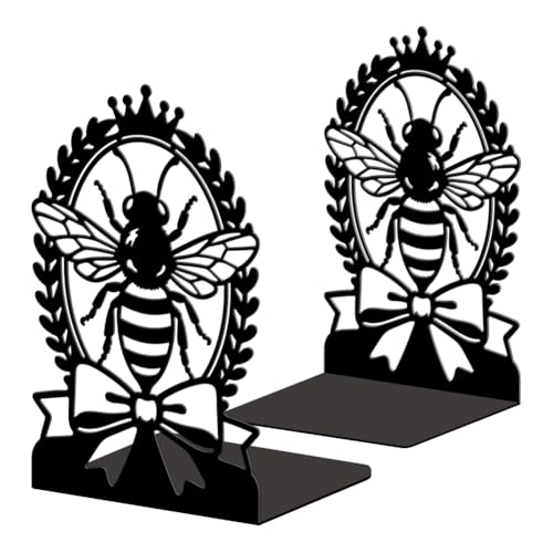 5.3"x4.3"x7.9" Metal Bookends, Heavy Duty Book Ends for Shelves | Bee with Laurel Wreath Theme Cast Iron Book Supports, 1 Pair Decor Stoppers for Desk, Library, Office & Home Shelves - style: Bee with Laurel Wreath