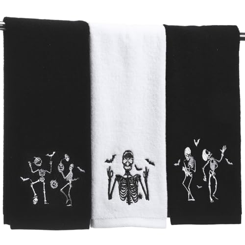 Oudain 3 Pcs Halloween Hand Towels Cotton for Bathroom Set Embroidery 14'' x 29'' Ghost Skull Skeletons Kitchen Decor Spider Pumpkin Dish Tea Fingertip Towel for Table(Skull,Black) - color: Black, style: Skull