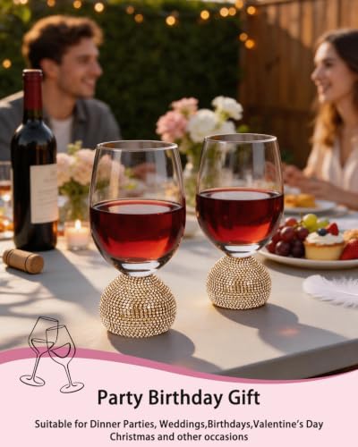 Stemless Fancy Wine Glasses Set of 4,Luxury Crystal Wine Glasses Hand Blown | 15 oz With Rhinestones Unbreakable,Perfect for Red or White Unique Wine Gifts for Women,Party,Birthday (Gold Clear) - color: Gold Red wine glass