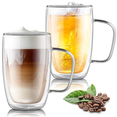 Joeyan Large Clear Double Walled Glass Coffee Mugs 16 oz, Double Layer Tea Latte Cappuccino Glasses Cups with Handle, Double Lined Insulated High Borosilicate Glassware for Hot Drinks, Set of 2 - color: 500ml-Clear