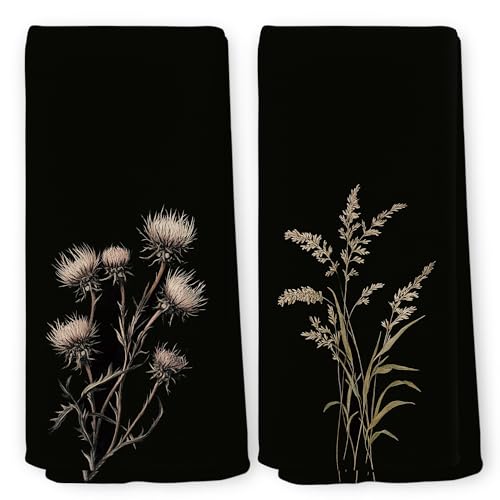 Vintage Moody Floral Dark Botanical Kitchen Towels Set of 2, Goth Cottagecore Flower Still Life Dish Tea Towels for Kitchen, Farmhouse Country Decorative Hand Towel 16x24 Inch - color: Floral 13