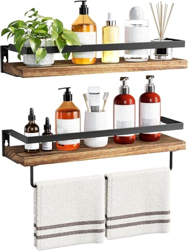 Amada Bathroom Shelves with Towel Bar, Set of 2, Rustic Brown | Floating Shelves with Detachable Towel Bar, Protective Metal Guards, Paulownia Wood, Bathroom, Living Room & Kitchen Storage - color: Rustic Brown