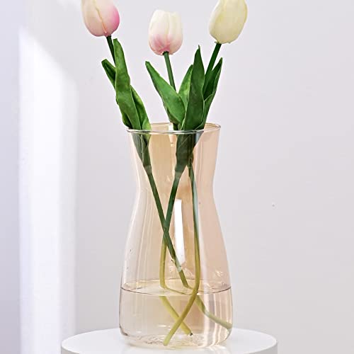 8 Inch Amber Glass Vase for Flowers, Modern Boho Table Decor | Farmhouse Vases For Rustic Vintage Living Room Kitchen Bedroom Halloween Christmas Decor House Book Shelf Office Decor - color: Amber