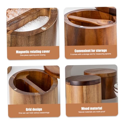 Salt Container with Spoon 2 Compartment 3.5x2.8 Inch Wooden Cellar with Magnetic Swivel Lid Spice Box for Kitchen, Salt Box