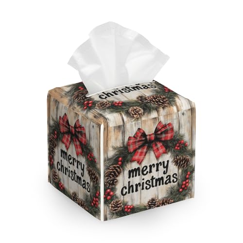 Christmas Wreath Tissue Box Cover Holder,Leather Tissue Case Holder Facial Paper Organizer Decorative for Tabletop Night Stands Desk Bathroom Kitchen Car Office Home Decor - color: Christmas Wreath