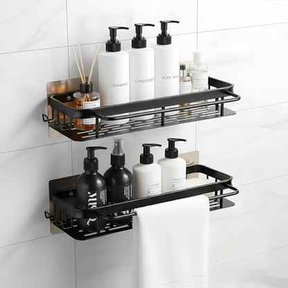 No-Drill Adhesive Shower Caddy, Black Aluminum Shelves 2-Pack | Heavy-duty rustproof shower organizer fits large bottles. Smooth safe edge & slatted fast-drain base with hooks, towel bar