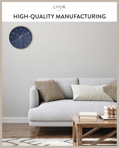 Modern Silent Quartz Wall Clock, 12in, Dark Blue & Gold | Elegant & Simple, Non-ticking, Analog, Easy-to-read display, Battery operated, for Guest room, Bedroom, Kitchen - color: Dark Blue, 12"
