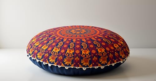 CRAFT KALA 22" Mandala Meditation Floor Pillows Pouf Cover Round Seating Bohemian Mandala Cotton Floor Cushion Cover Outdoor Fireplace Seating Living Room Yoga Room Home Décor Multi Elephant Camel - color: Multi Elephant Camel