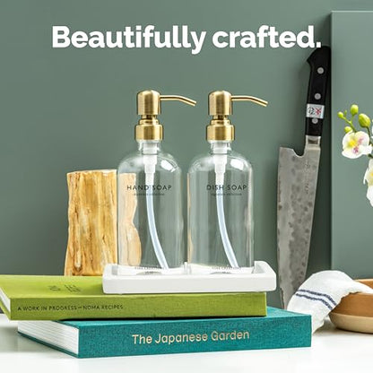 Vine Creations Glass Soap Dispenser Set, Kitchen Soap Dispenser Set with Ceramic Tray, 16 oz Dish Soap and Hand Soap Dispensers with Stainless Steel Pump Decor (Clear Bottle/Brushed Brass) - color: Clear Bottle / Brushed Brass Pump
