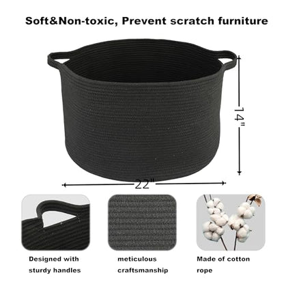 XUANGUO Extra Large Cotton Rope Round Storage Basket 22" x 14" Black | Woven basket for blankets, toys, towels, laundry, nursery, living room and pet toy storage. - color: black