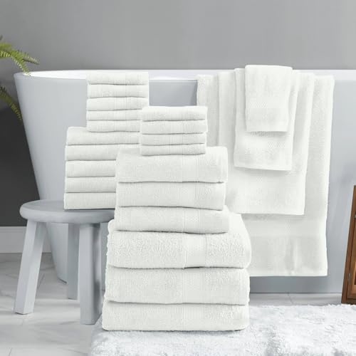 24-Piece Set of Towels, Lightweight 380 GSM Cotton Towels, Quick Drying, Absorbent Hand Towels, Fingertip Towels, Bath Towels, & Washcloths, White - color: White
