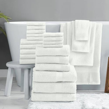 24-Piece Set of Towels, Lightweight 380 GSM Cotton Towels, Quick Drying, Absorbent Hand Towels, Fingertip Towels, Bath Towels, & Washcloths, White - color: White