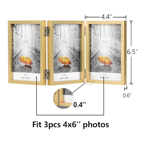 WUTL 3 Picture Frame Triple Collage 4x6 Frames with Real Glass Golden | Trifold Photo Frame, Hinged Foldable, Crystal Clear Real Glass - color: Gold, size: 4x6
