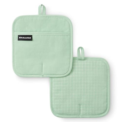 KITCHENAID Gourmet Series Gridlines Pot Holders 2-Pack Set, Heat Resistant up to 600°F, Soft Silicone Grip, Magnetic Cuff, Pistachio Green, 8"x8" - color: Pistachio Green