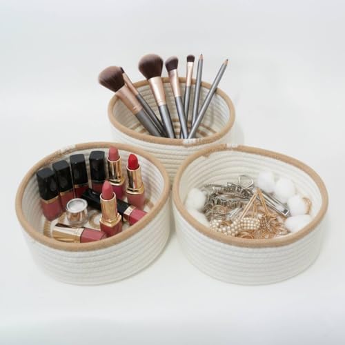 Set of 3 Small Woven Baskets, Mini Round Storage Baskets for Organizing, Decorative Boho Rope Baskets for Bathroom, Nursery, Desk, Tiny Bin for Makeup, Jewelry, Small Items, White & Jute
