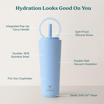 REDUCE Halo 24 oz Stainless Steel Vacuum Insulated Tumbler - Spill Proof Travel Mug with Flip Handle Lid - Keeps Drinks Cold for 32 Hrs - Dishwasher Safe - Cupholder Friendly - Glacier - color: Glacier, size: 24 Ounces