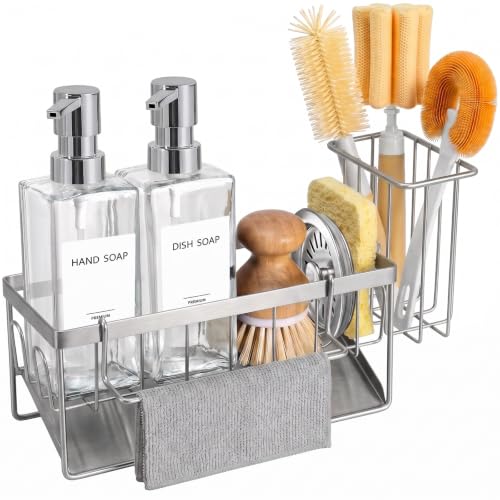 GMISUN Kitchen Soap Dispenser, 12 Fl oz/350ml Clear Dish Soap Dispenser with Silver Sponge Holder, Customized Glass Dish Soap Dispensers for Kitchen, Modern Hand and Dish Soap Dispensers Set Removable - color: Clear Bottle + Silver Rack