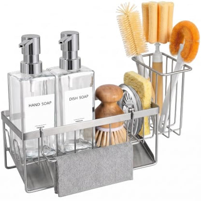 GMISUN Kitchen Soap Dispenser, 12 Fl oz/350ml Clear Dish Soap Dispenser with Silver Sponge Holder, Customized Glass Dish Soap Dispensers for Kitchen, Modern Hand and Dish Soap Dispensers Set Removable - color: Clear Bottle + Silver Rack