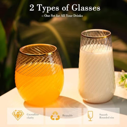 48 Pack Plastic Wine Glasses – 24 x 9oz Stemless Champagne Flutes & 24 x 12oz Disposable Wine Glasses – Elegant Disposable Plastic Cups with Gold Rim – BPA-Free Drinkware for Weddings, Parties-Spiral - color: Gold Rim Hammered