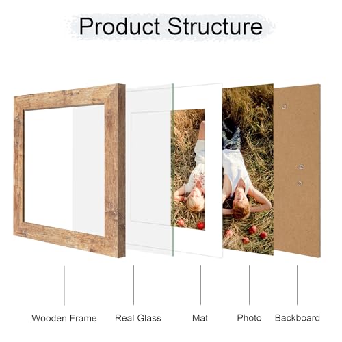 iRahmen 8x8 Picture Frame with Mat 6x6 - High Definition Real Glass Wooden Photo Frames for Tabletop Display and Wall Mounting (Rustic Brown, Set of 2) - color: Rustic Brown, size: 8X8