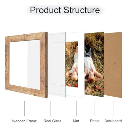 iRahmen 8x8 Picture Frame with Mat 6x6 - High Definition Real Glass Wooden Photo Frames for Tabletop Display and Wall Mounting (Rustic Brown, Set of 2) - color: Rustic Brown, size: 8X8