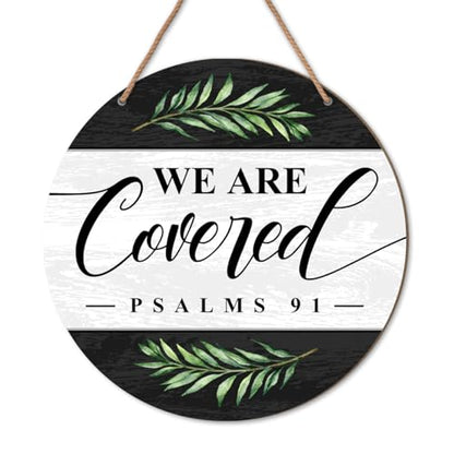 Christian Welcome Wood Hanging Sign Wall Decor for Home Front Door, We Are Covered Farmhouse Christian Bible Verse Wooden Sign Decorations for Home Entryway Living Room Bathroom Kitchen