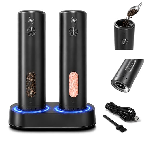 COOLMI Electric Salt and Pepper Grinder Set with Charging Base, 110ml | Rechargeable 2-Pack With 6 Grind Settings, LED Light, Ceramic Grinding Cores, 110ml Top-Fill Chambers, And One-Hand Operation