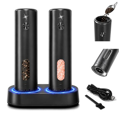 COOLMI Electric Salt and Pepper Grinder Set with Charging Base, 110ml | Rechargeable 2-Pack With 6 Grind Settings, LED Light, Ceramic Grinding Cores, 110ml Top-Fill Chambers, And One-Hand Operation