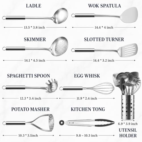 Pleafind Cooking Utensils Set - 9 PCS Stainless Steel Kitchen Utensils Set with Utensil Holder, Heat Resistant Wok Utensils Set, Kitchen Tools Set with Spatula, Ladle, Slotted Spoon, Dishwasher Safe - color: 9P-Silver