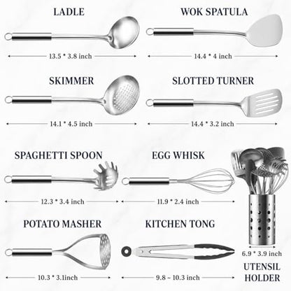 Pleafind Cooking Utensils Set - 9 PCS Stainless Steel Kitchen Utensils Set with Utensil Holder, Heat Resistant Wok Utensils Set, Kitchen Tools Set with Spatula, Ladle, Slotted Spoon, Dishwasher Safe - color: 9P-Silver