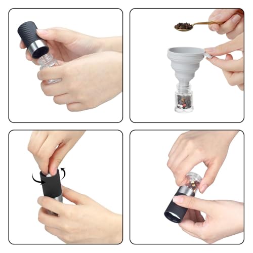 VEVOK CHEF Mini Salt and Pepper Grinder set with 2 Small Salt and Pepper Shakers Portable Cute Tiny Spice Grinder Pepper Mill Salt Grinder for Travel, Work, Camping, Party, School, Lunch Box - color: Black