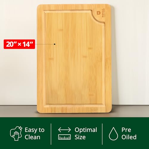 ROYAL CRAFT WOOD Bamboo Cutting Board with Juice Groove - Kitchen Chopping Board for Meat Cheese and Vegetables, Heavy Duty Serving Tray - color: Natural, size: 20"L x 14"W
