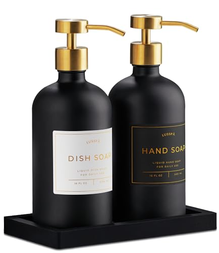 Glass Soap Dispenser Set of 2 (Black) with Silicone Tray | Hand and Dish Soap Dispenser for Kitchen and Bathroom | 16.8 Oz Glass Bottles with Stainless Steel Pump & 15 Waterproof Labels (Black/Gold) - color: Black/Gold