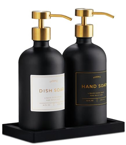 Glass Soap Dispenser Set of 2 (Black) with Silicone Tray | Hand and Dish Soap Dispenser for Kitchen and Bathroom | 16.8 Oz Glass Bottles with Stainless Steel Pump & 15 Waterproof Labels (Black/Gold) - color: Black/Gold