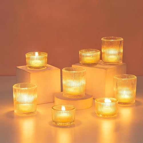 Hewory Glass Tealight Candle Holder: 8 PCS Clear Votive Candle Holders Bulk | Ribbed Glass Candle Holder, Candle Holders for Table Centerpiece Wedding Party Decoration Christmas Bridal Showers Home Decor - color: Clear