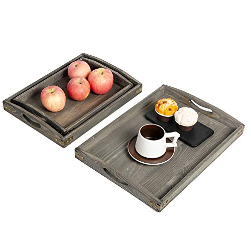 Country Farmhouse Rustic Wood Nesting Dinning Breakfast Serving Trays with Wood Handles, Set of 3,Can Put Food, Fruit, Plates｜Ottoman Decorative Coffee Table Tray (Rock Grey) - color: Rock Grey