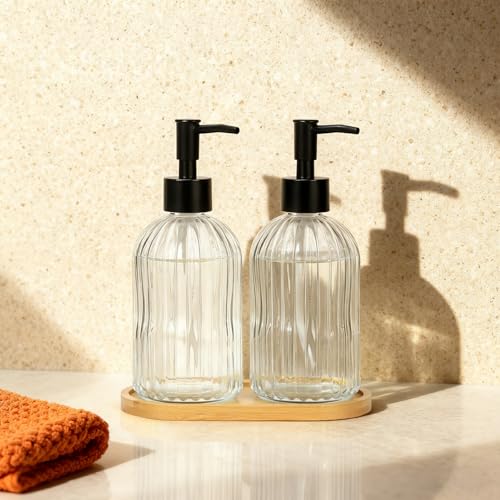 Kitchen Soap Dispenser Set with Wood Tray, Glass Soap Dispenser with Plastic Pump, Hand and Dish Set for Bathroom Decor (Clear)