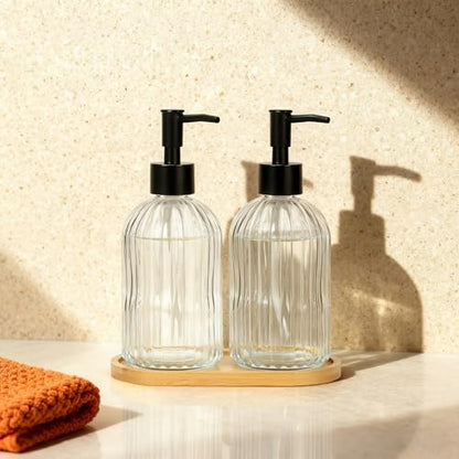 Kitchen Soap Dispenser Set with Wood Tray, Glass Soap Dispenser with Plastic Pump, Hand and Dish Set for Bathroom Decor (Clear)