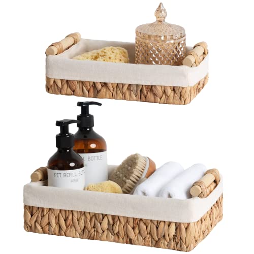 StorageWorks Bathroom Basket for Toilet Tank Top, Toilet Paper Baskets | Small Wicker Basket with Removable Liner, Natural Water Hyacinth Baskets for Organizing with Wooden Handles , Set of 2 - color: Natural (Water Hyacinth), size: 12"L x 7¾"W x 3¼"H + 1