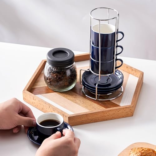 2.5oz Espresso Cups Set of 4, Small Stackable Coffee Cups with Saucers and Metal Stand, Ceramic Demitasse Cups, Cappuccino Cups for Coffee Drinks, Latte, Blue - color: Blue, size: 2.5oz